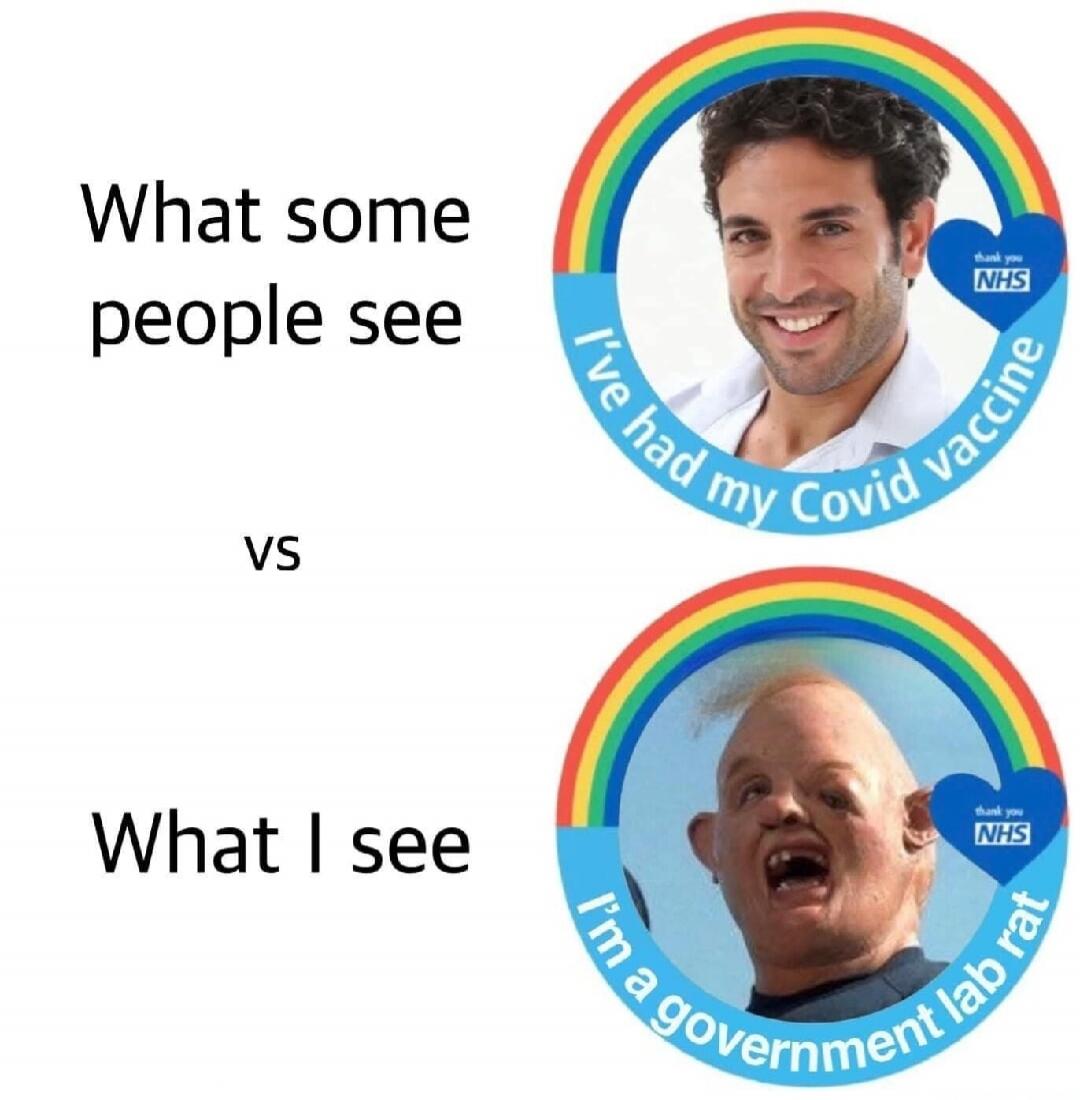 What some people see vs What I see I've had my Covid vaccine thank you NHS I'm a government lab rat