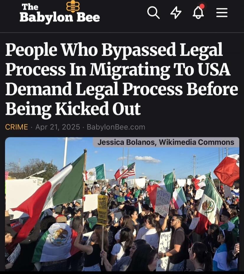 The Babylon Bee - People Who Bypassed Legal Process In Migrating To USA Demand Legal Process Before Being Kicked Out CRIME • Apr 21, 2025 • BabylonBee.com Jessica Bolanos, Wikimedia Commons [image: crowd with flags and protest signs]