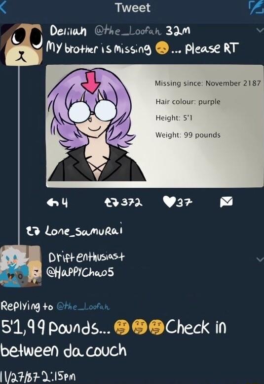 Tweet A Desiian the _Loofar 33m n MY brother is Missing Please RT Missing since November 2187 Hair colour purple Height 51 pounds LY 8372 Wiz L Lone_swnukai Drigkenthusias CINTT Replying o f4 5199 pounds BB Check in between dacouch aFs7LISem