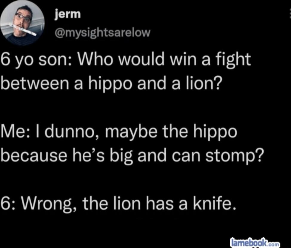 jerm mysightsarelow 6 yo son Who would win a fight between a hippo and a lion Y R VI Ta TN 1Y o TR o TN T o 1 because hes big and can stomp 6 Wrong the lion has a knife