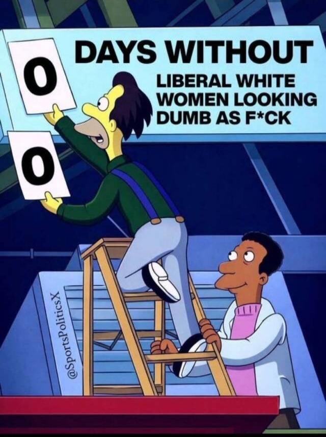 DAYS WITHOUT LIBERAL WHITE WOMEN LOOKING DUMB AS F*CK. Lenny is changing the counter to 0 days, while Carl holds the ladder. The watermark is @SportsPoliticsX.