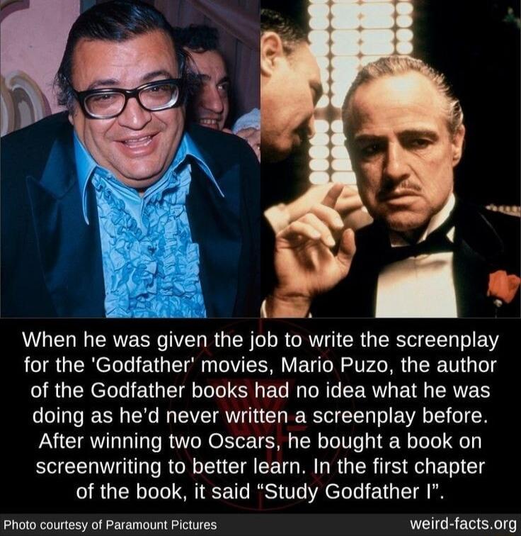 When he was given the job to write the screenplay LIS UCNElGIEG E YRR VEU RS G CRE TG g SRUERElLIEEICEC I DI EERT B CRVES doing as hed never written a screenplay before After winning two Oscars he bought a book on screenwriting to better learn In the first chapter of the book it said Study Godfather I Photo courtesy of Paramount Pictures weird factsorg