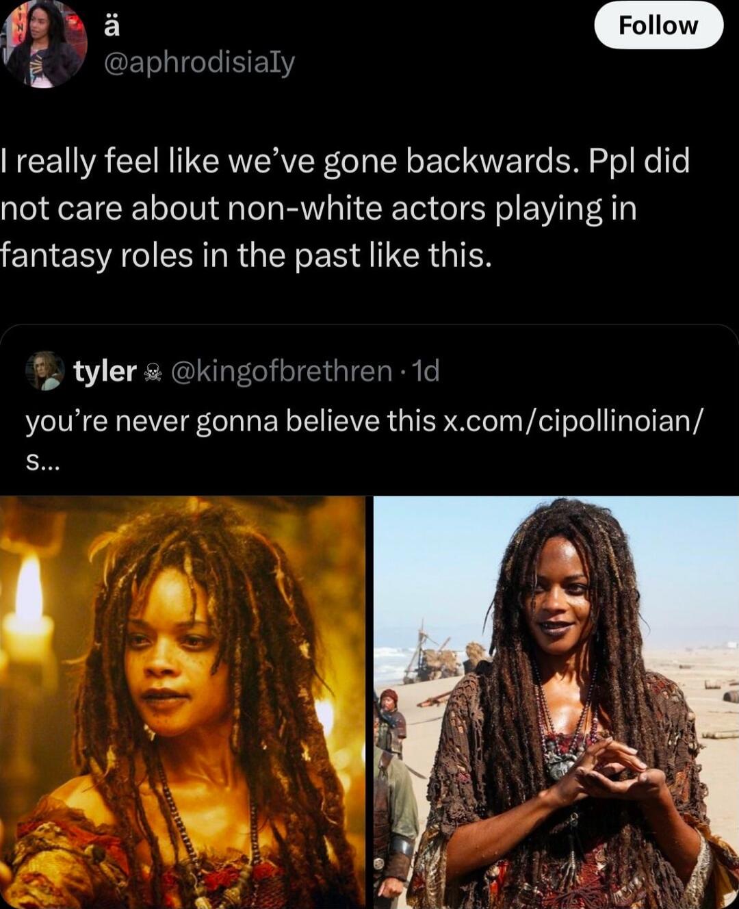 Follow yaphrodisial really feel like weve gone backwards Ppl did not care about non white actors playing in ENESE RO R A CRGIEN tyler kingofbrethren 1d youre never gonna believe this xcomcipollinoian