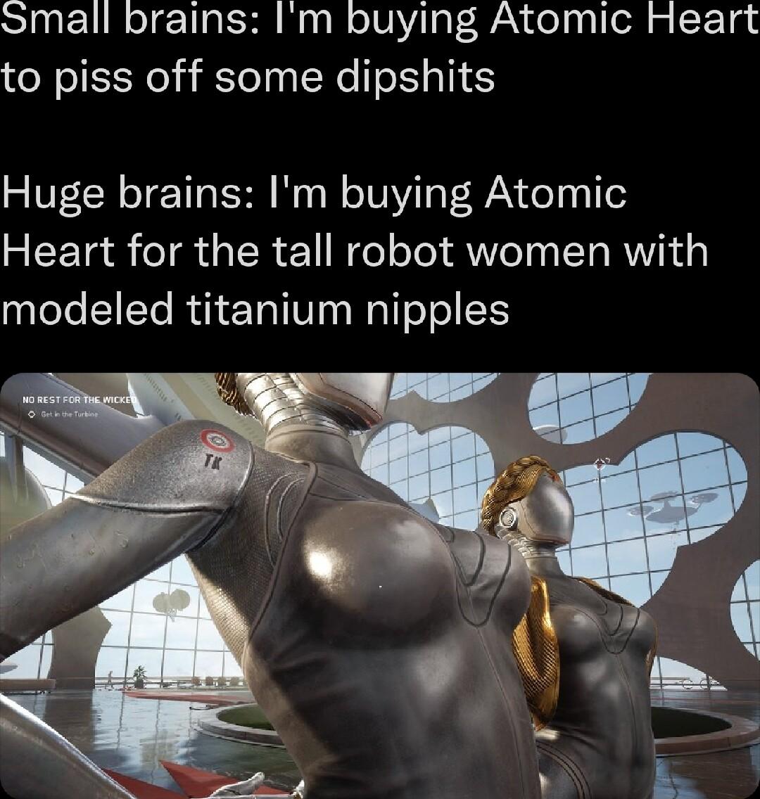 Small brains Im buying Atomic Heart to piss off some dipshits Huge brains Im buying Atomic Heart for the tall robot women with modeled titanium nipples