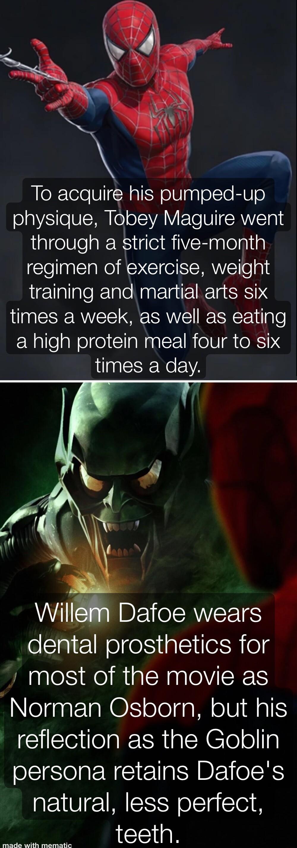 4 To acquire his pumped up physique Tobey Maguire went LalelVle o IRS i R iRglelnlia regimen of exercise weight jcUallatolTalo Naaolg TRTg SIS times a week as well as eating a high protein meal four to six times a day em Dafoe wears dental prosthetics for most of the movie as Norman Osborn but his reflection as the Goblin persona retains Dafoes natural less perfect teeth O st
