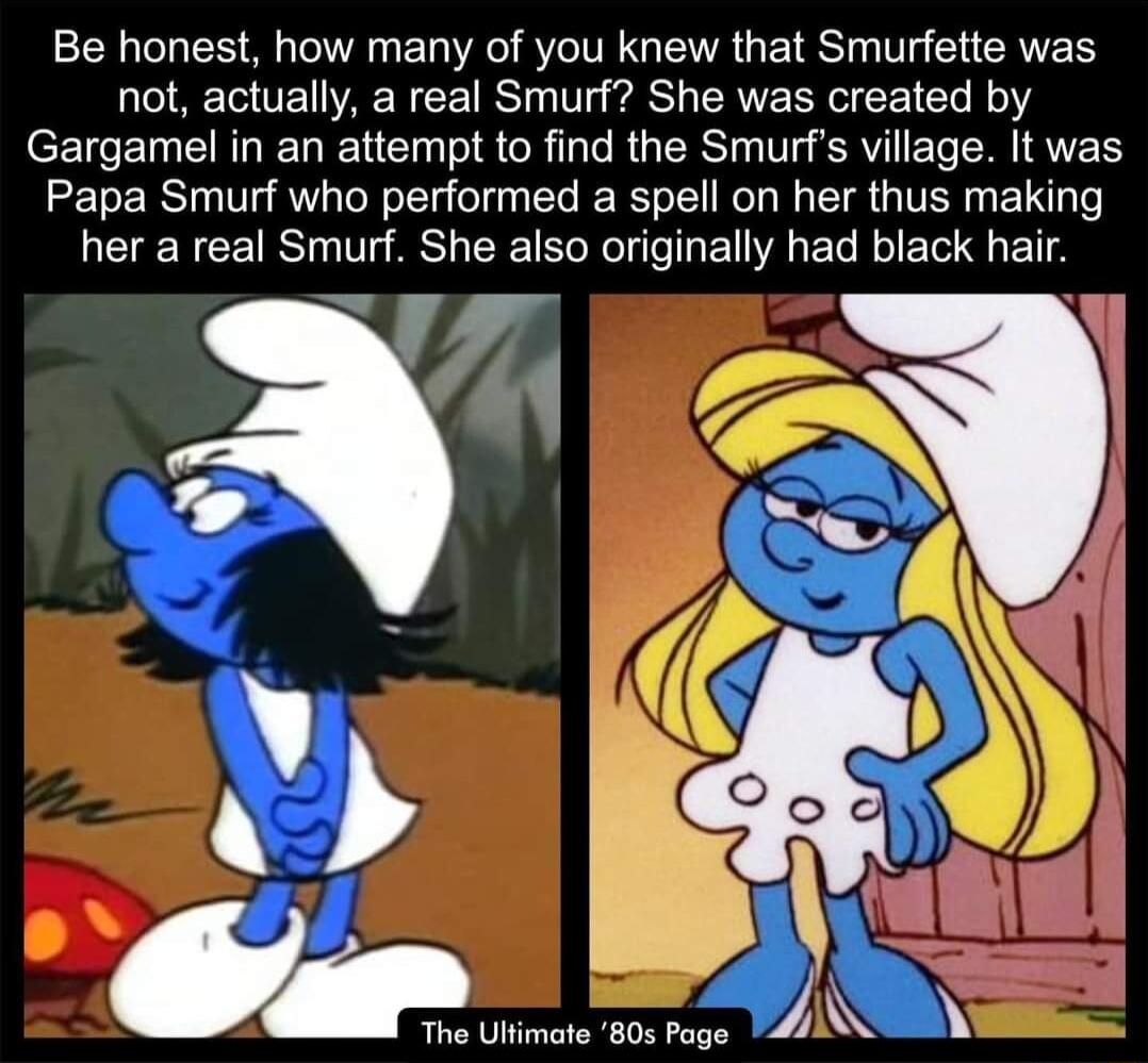 Be honest how many of you knew that Smurfette was not actually a real Smurf She was created by Gargamel in an attempt to find the Smurfs village It was Papa Smurf who performed a spell on her thus making her a real Smurf She also originally had black hair