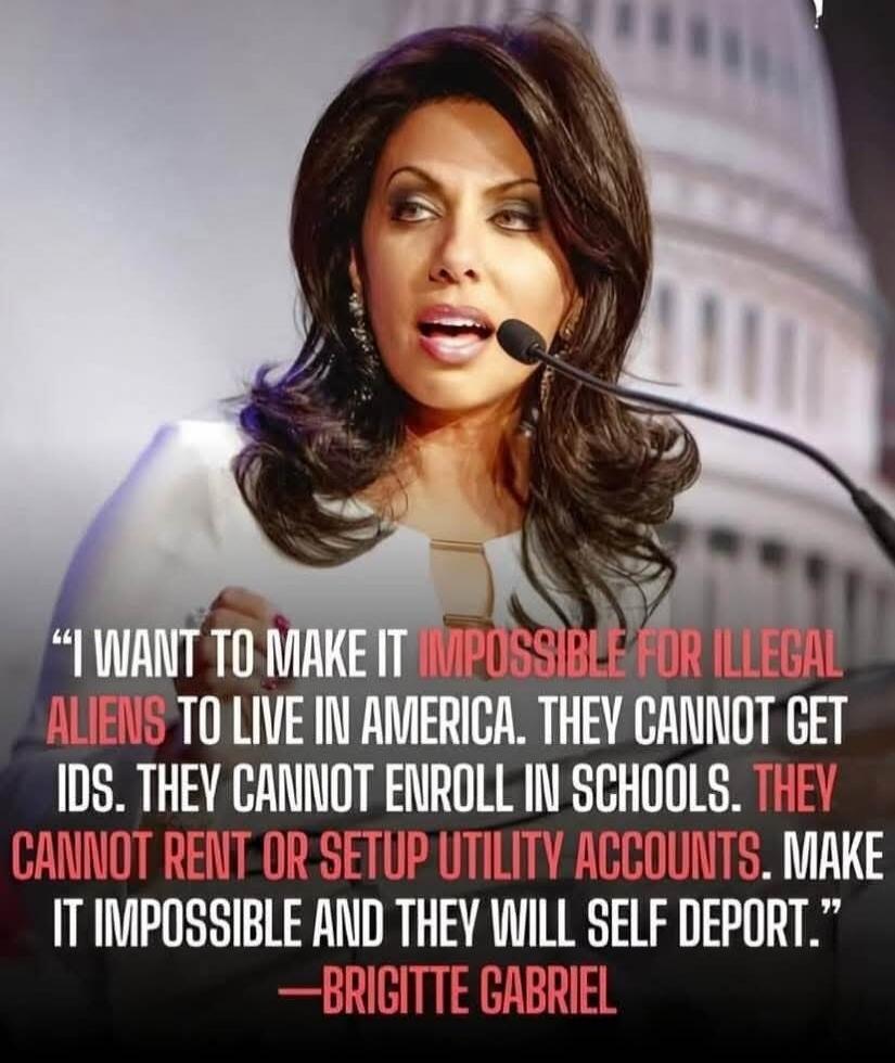 I want to make it impossible for illegal aliens to live in America. They cannot get IDs. They cannot enroll in schools. They cannot rent or setup utility accounts. Make it impossible and they will self deport. -Brigitte Gabriel