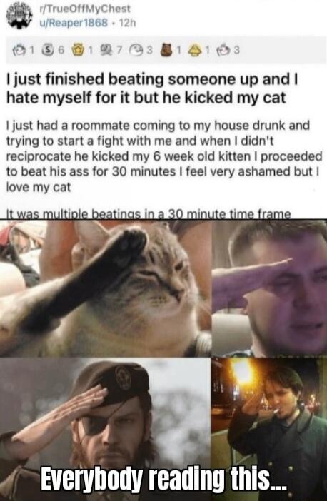just finished beating someone up and hate myself for it but he kicked my cat I just had a roommate coming to my house drunk and trying to start a fight with me and when didnt reciprocate he kicked my 6 week old kitten proceeded to beat his ass for 30 minutes feel very ashamed but love my cat