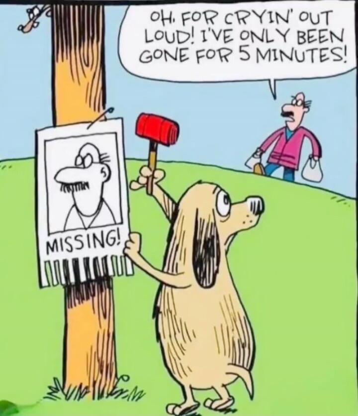 OH, FOR CRYIN' OUT LOUD! I'VE ONLY BEEN GONE FOR 5 MINUTES! MISSING!