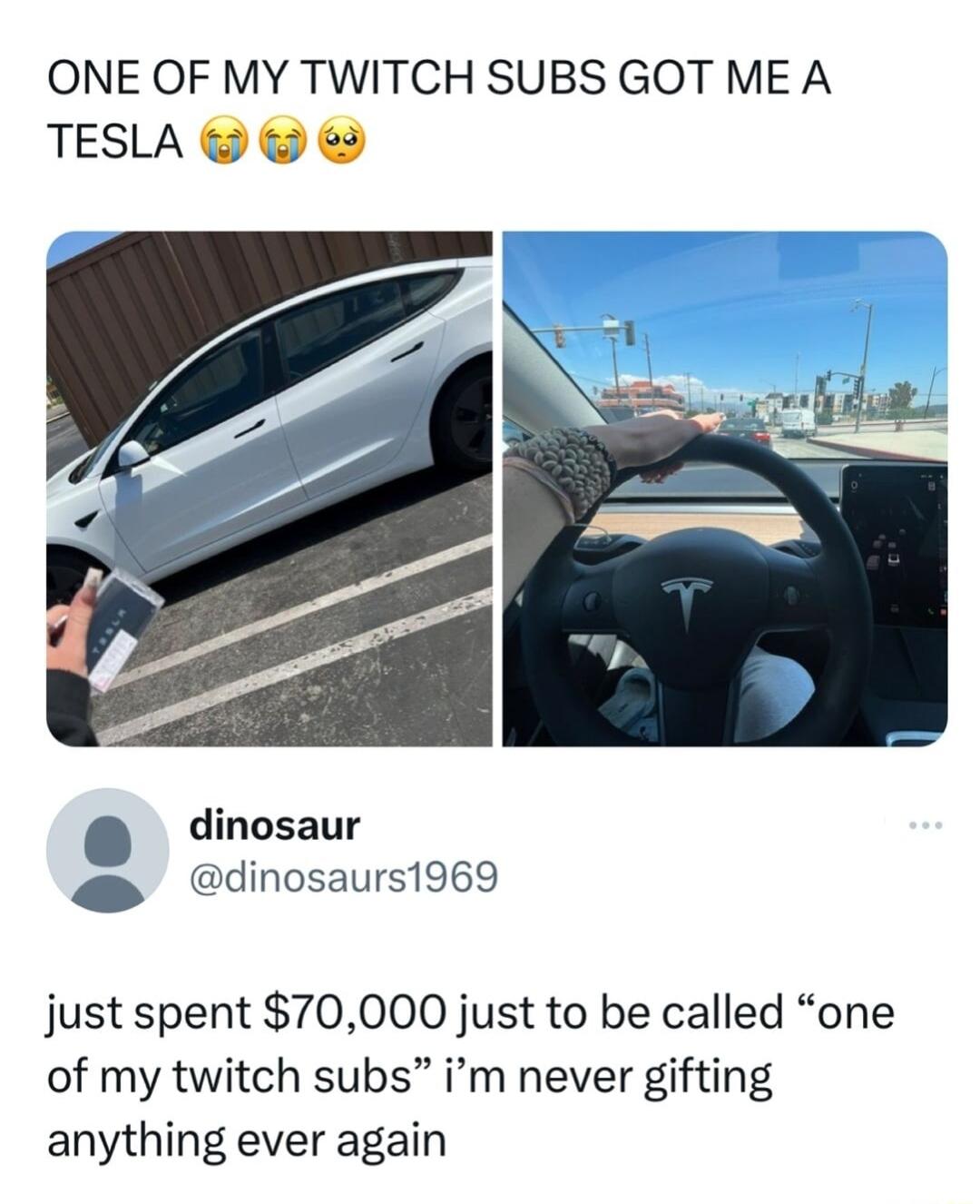 ONE OF MY TWITCH SUBS GOT ME A TESLA dinosaur dinosaurs1969 just spent 70000 just to be called one of my twitch subs im never gifting anything ever again