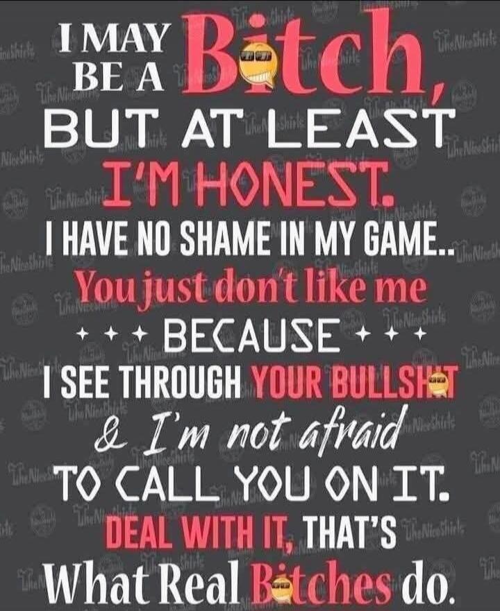 I MAY BE A Bitch, BUT AT LEAST I'M HONEST. I HAVE NO SHAME IN MY GAME... You just don't like me BECAUSE I SEE THROUGH YOUR BULLSHIT & I'm not afraid TO CALL YOU ON IT. DEAL WITH IT, THAT'S What Real Bitches do.