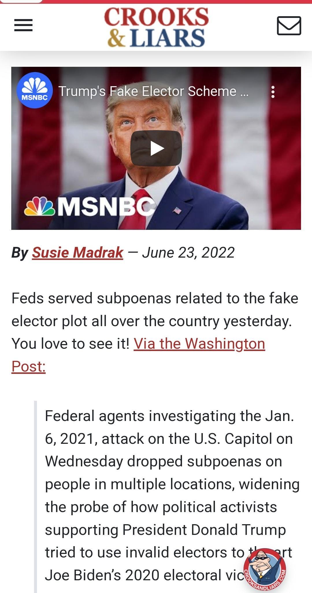 I 3 3 7 By Susie Madrak June 23 2022 Feds served subpoenas related to the fake elector plot all over the country yesterday You love to see it Via the Washington Post Federal agents investigating the Jan 62021 attack on the US Capitol on Wednesday dropped subpoenas on people in multiple locations widening the probe of how political activists supporting President Donald Trump tried to use invalid el