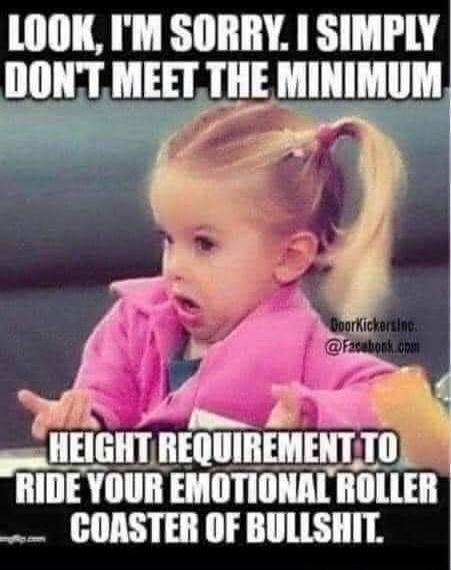 LOOK, I'M SORRY. I SIMPLY DON'T MEET THE MINIMUM HEIGHT REQUIREMENT TO RIDE YOUR EMOTIONAL ROLLER COASTER OF BULLSHIT.