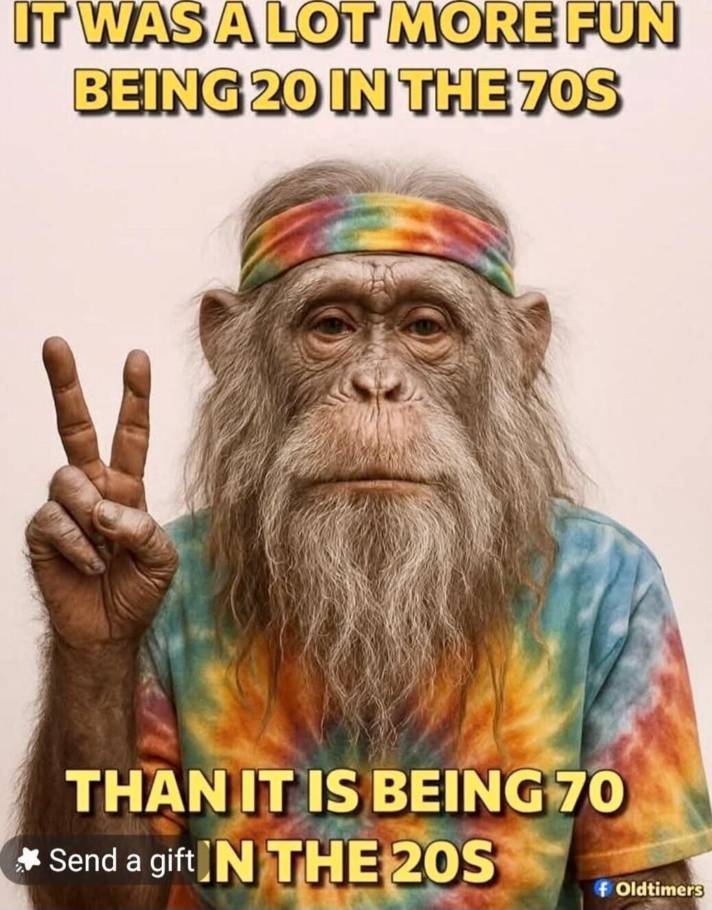 IT WAS A LOT MORE FUN BEING 20 IN THE 70S THAN IT IS BEING 70 IN THE 20S Send a gift f Oldtimers