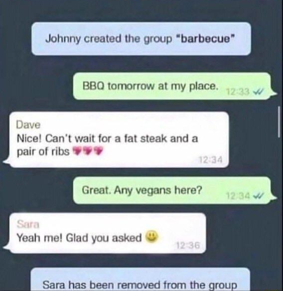 Johnny the group barbecue BBQ tomorrow at my place Nice Cant wait for a fat steak anx pair of ribs Great Any vegans here o Yeah me Glad you asked ra has been removed from the grou