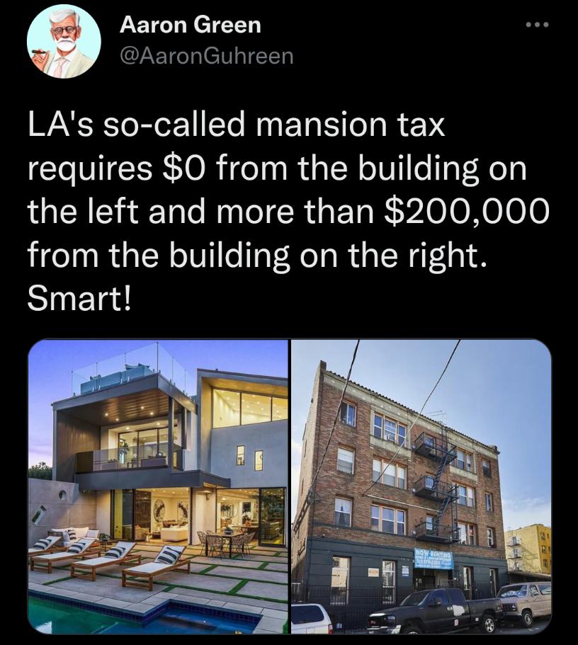 LEICLYCTEN DAaronGuhreer LAs so called mansion tax requires 0 from the building on the left and more than 200000 from the building on the right Smart