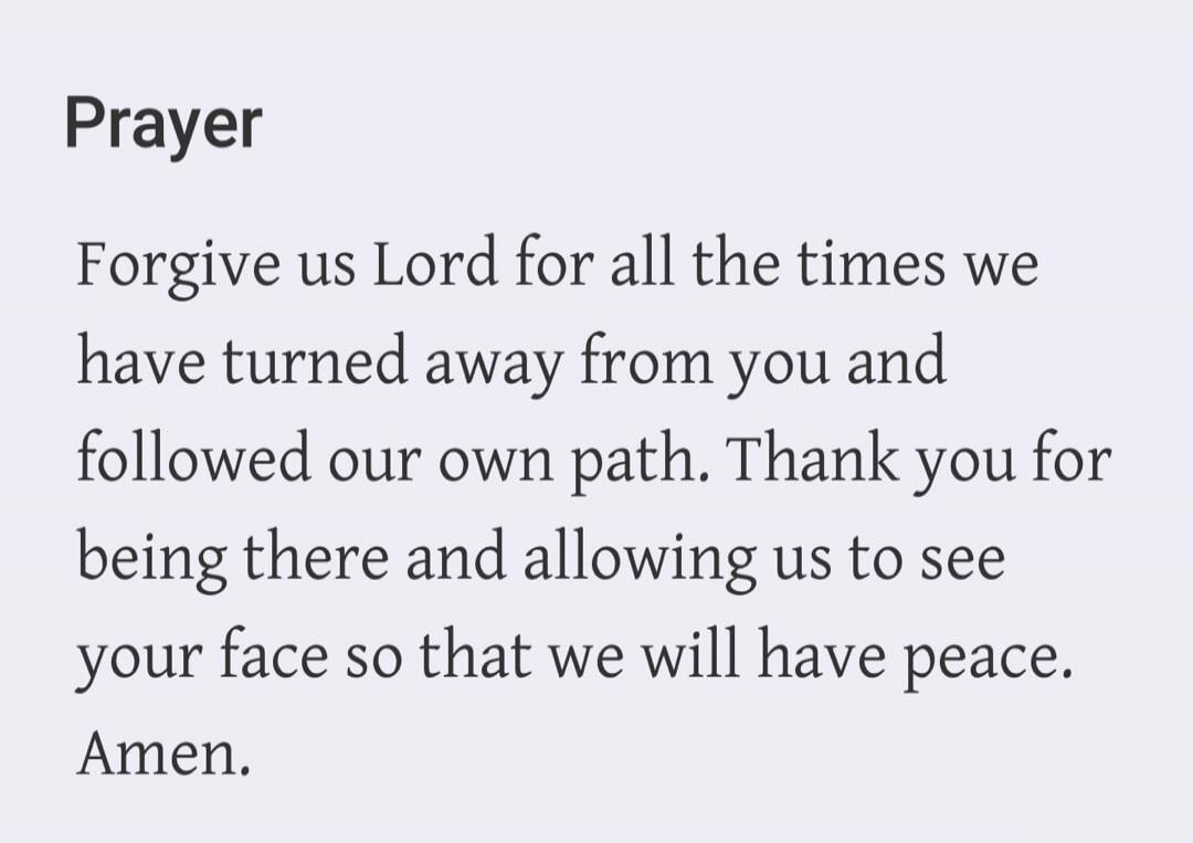 Prayer Forgive us Lord for all the times we have turned away from you and followed our own path. Thank you for being there and allowing us to see your face so that we will have peace. Amen.