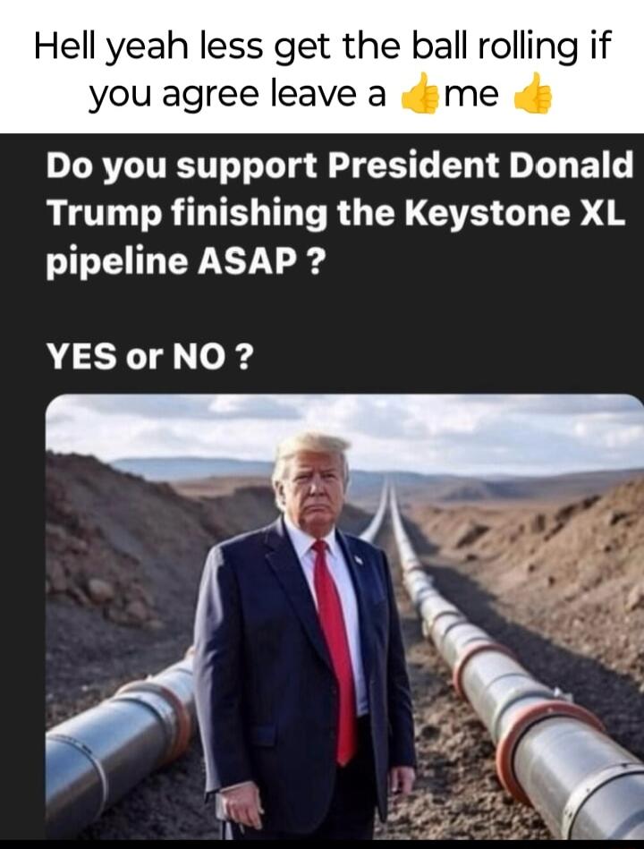 Hell yeah less get the ball rolling if you agree leave a me Do you support President Donald Trump finishing the Keystone XL pipeline ASAP YES or NO
