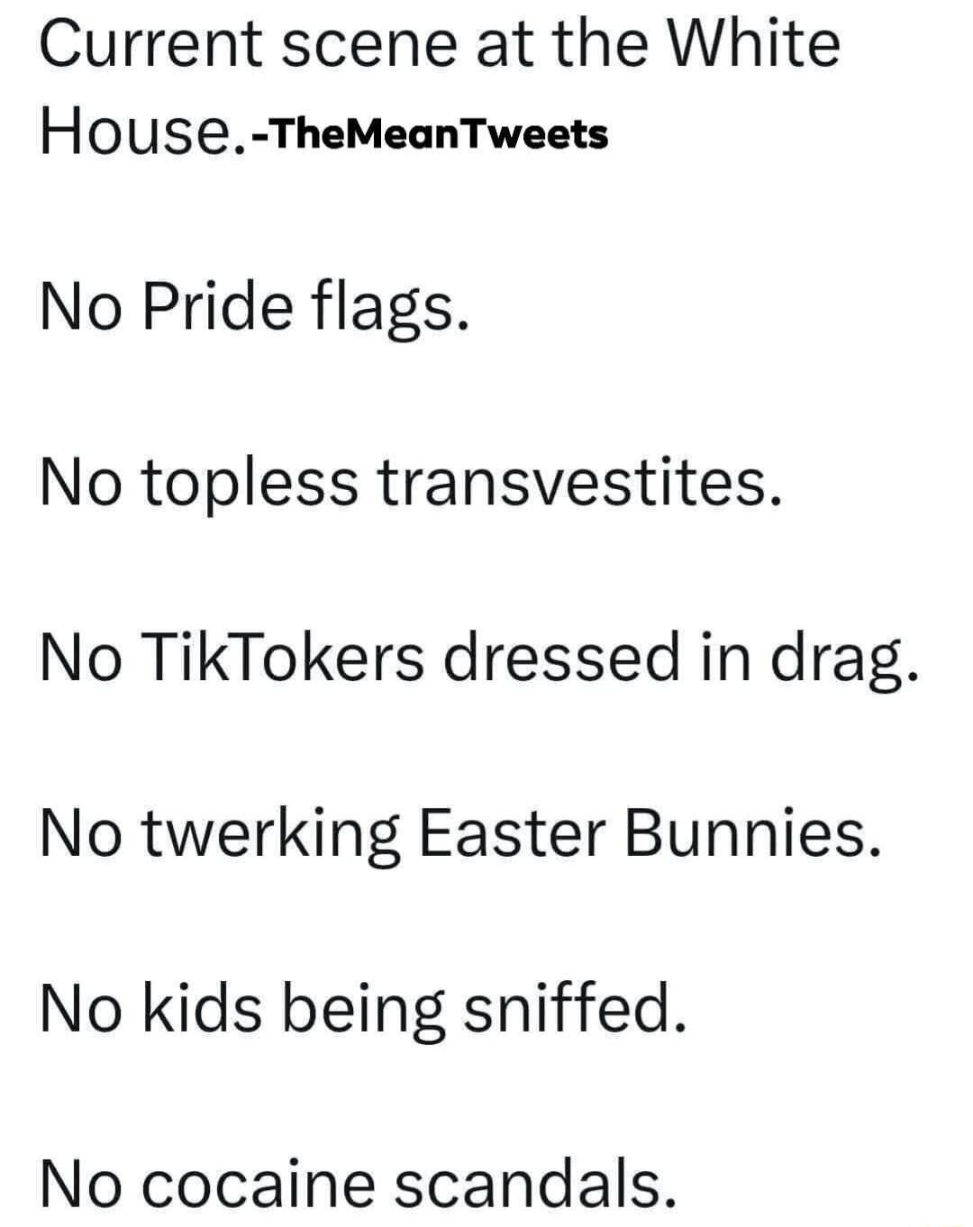 Current scene at the White House TheMeanTweets No Pride flags No topless transvestites No TikTokers dressed in drag No twerking Easter Bunnies No kids being sniffed No cocaine scandals