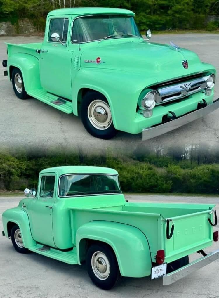 A vintage light green Ford pickup truck is shown from two angles, front-side and rear-side. The truck has chrome bumpers and hubcaps. The word 'FORD' is visible on the tailgate and the front emblem. A small license plate with 'AUTOPRO' is visible on the rear.