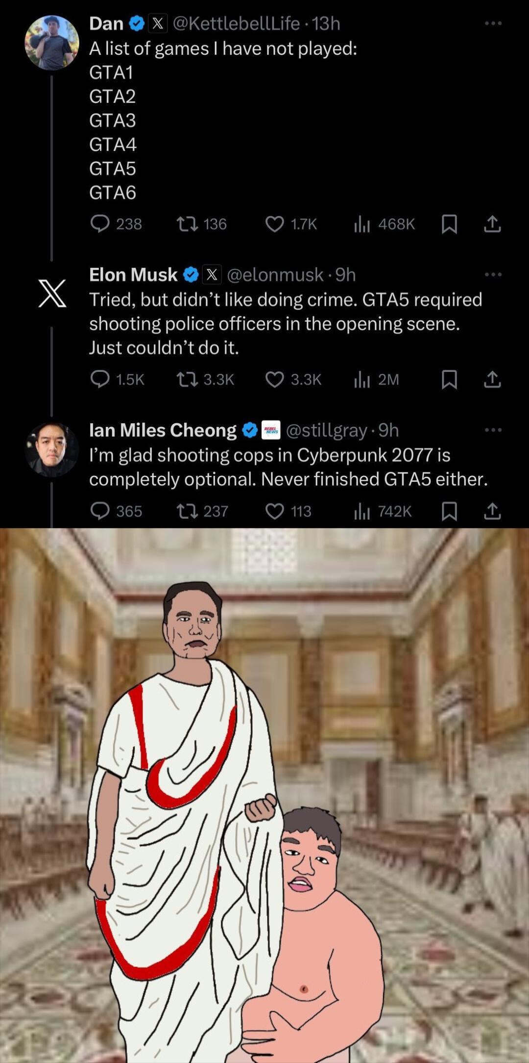 Dan X KettlebellLife 13h Alist of games have not played GTA1 fe1v GTA3 GTA4 GTAS GTA6 Q28 10 QK sk Elon Musk X elonmusk Sh Tried but didnt like doing crime GTAS required shooting police officers in the opening scene Just couldntdoit O1sk M3k Q33K v lan Miles Cheong stillgray t Im glad shooting cops in Cyberpunk 2077 is completely optional Never finished GTAS either Qass 11237