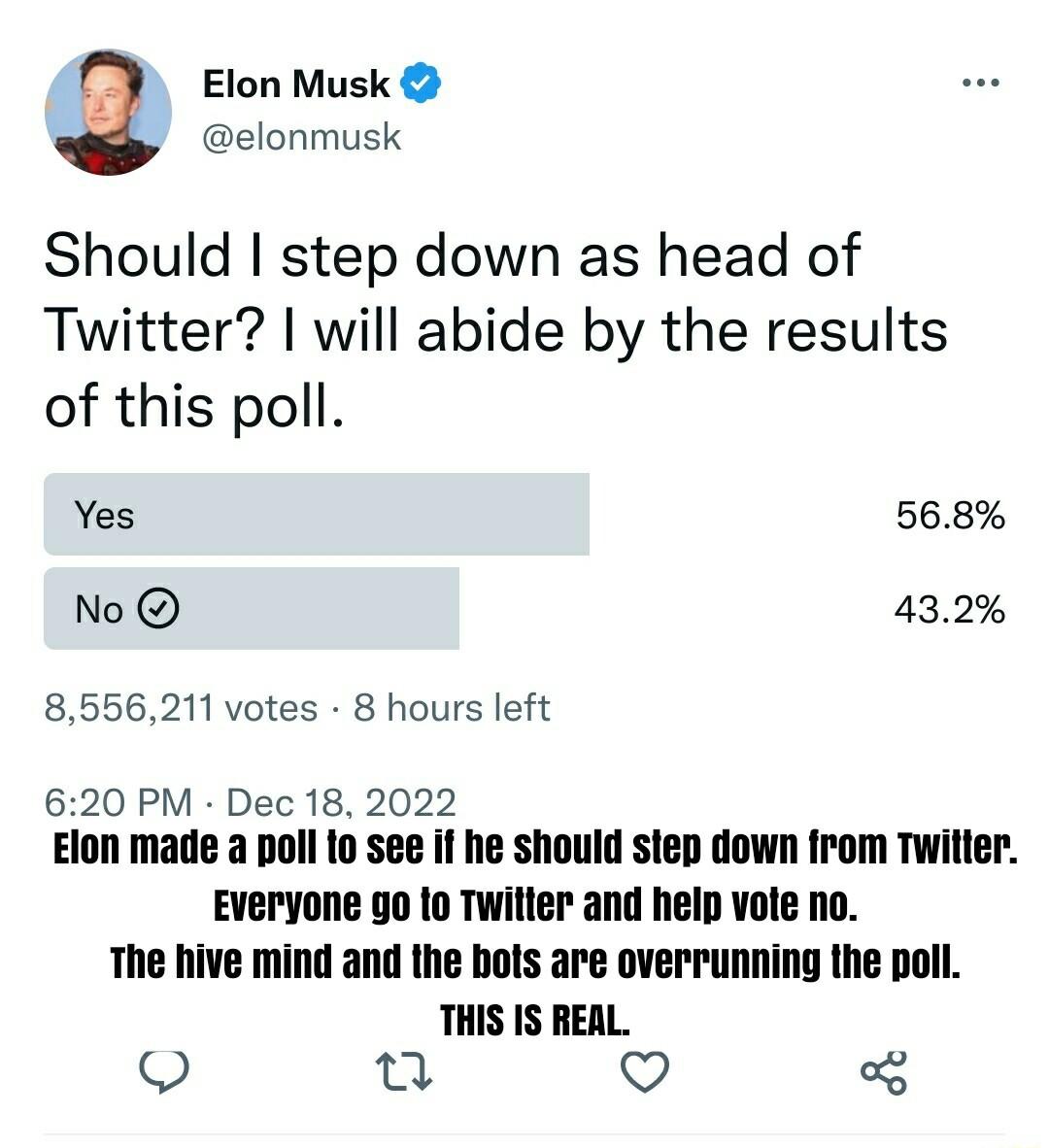 Elon Musk elonmusk Should step down as head of Twitter will abide by the results of this poll Yes 568 No 432 8556211 votes 8 hours left 620 PM Dec 18 2022 Elon made a poll lo see if he should step down from Twilter Everyone go o Twitler and help vote no The hive mind and the bols are overrunning the poll THIS IS REAL n Q