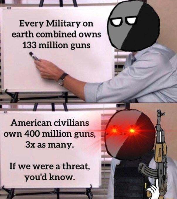 s el Every Military on earth combined owns 133 million guns e American civilians own 400 million guns 3x as many If we were a threat youd know