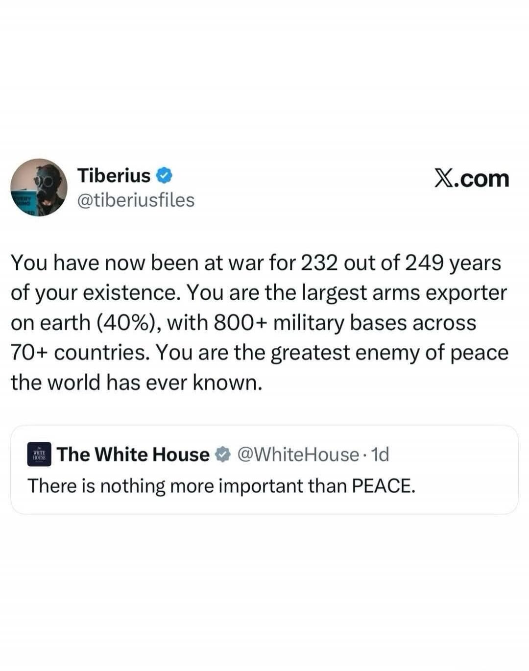 Tiberius @tiberiusfiles X.com You have now been at war for 232 out of 249 years of your existence. You are the largest arms exporter on earth (40%), with 800+ military bases across 70+ countries. You are the greatest enemy of peace the world has ever known. The White House @WhiteHouse · 1d There is nothing more important than PEACE.