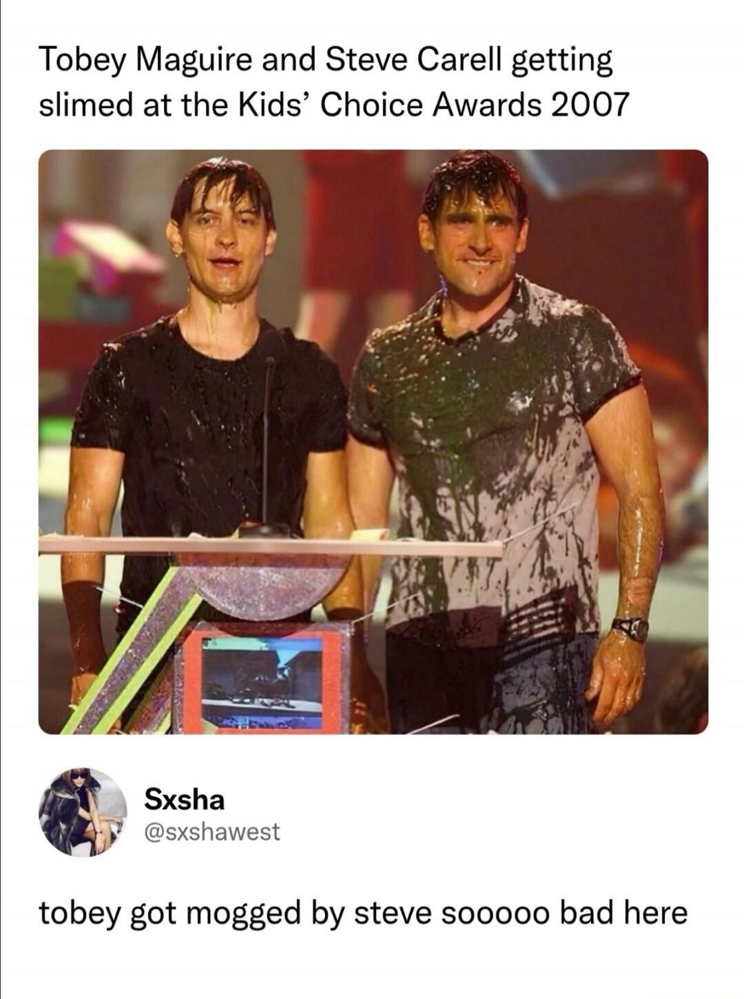 Tobey Maguire and Steve Carell getting slimed at the Kids' Choice Awards 2007. Sxsha @sxshawest. tobey got mogged by steve soooo bad here