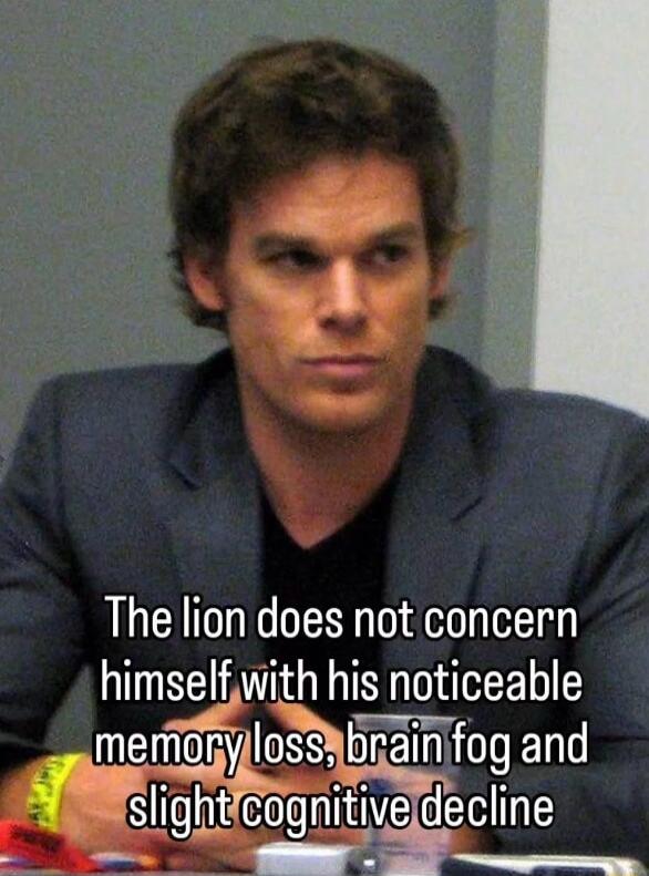 The lion does not concern himself with his noticeable memory loss, brain fog and slight cognitive decline