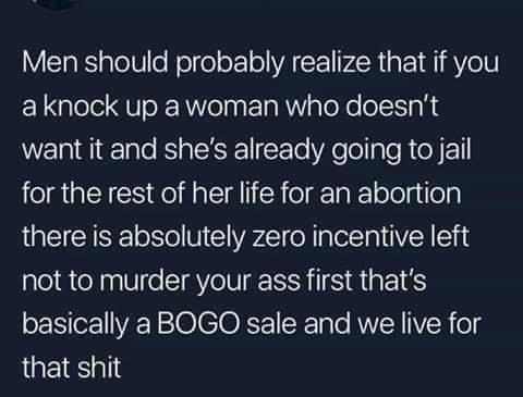 TS Tol lo lol ol o o WA CE VR a1 B Y a knock up a woman who doesnt want it and shes already going to jail for the rest of her life for an abortion there is absolutely zero incentive left not to murder your ass first thats basically a BOGO sale and we live for that shit