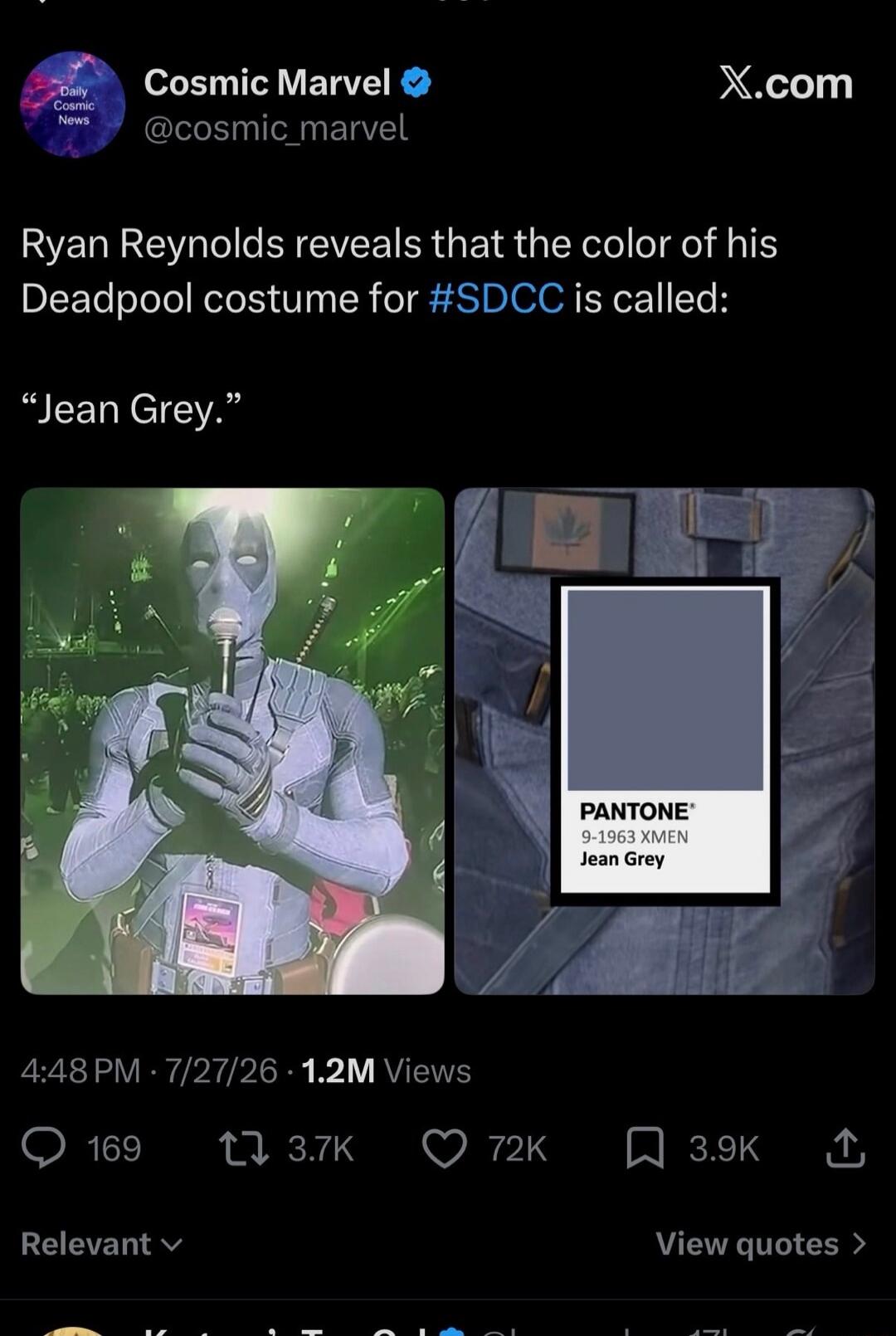 Ryan Reynolds reveals that the color of his Deadpool costume for SDCC is called: 'Jean Grey.' The image shows Deadpool in a blue-grey costume, with a Pantone swatch labeled '9-1963 XMEN Jean Grey'.