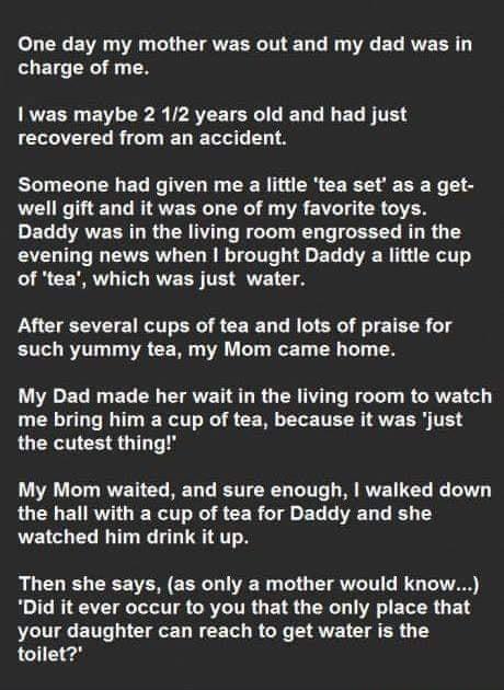 oL CREVR IR GG EAVE ST EL GG EL VRN charge of me RVEER BV TR TP AEETSLEL L EC R TR LECHE LR CIELEL L L Someone had given me a little tea set as a get L CEIGELTRIAVESGL R VR EVL TG CR G Daddy was in the living room engrossed in the DL ETER EL R TG o EL LR T ERT IR CEM T RVEES T TR TS After several cups of tea and lots of praise for such yummy tea my Mom came home My Dad made her wait in the living 