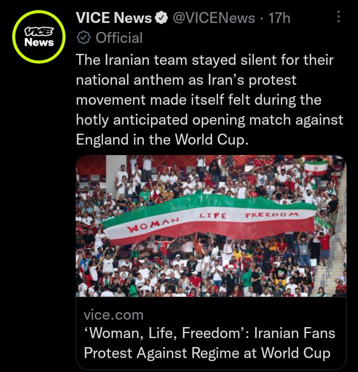 VICE News VICENews 17h Official The Iranian team stayed silent for their national anthem as Irans protest movement made itself felt during the hotly anticipated opening match against England in the World Cup 3 vicecom Woman Life Freedom Iranian Fans Protest Against Regime at World Cup