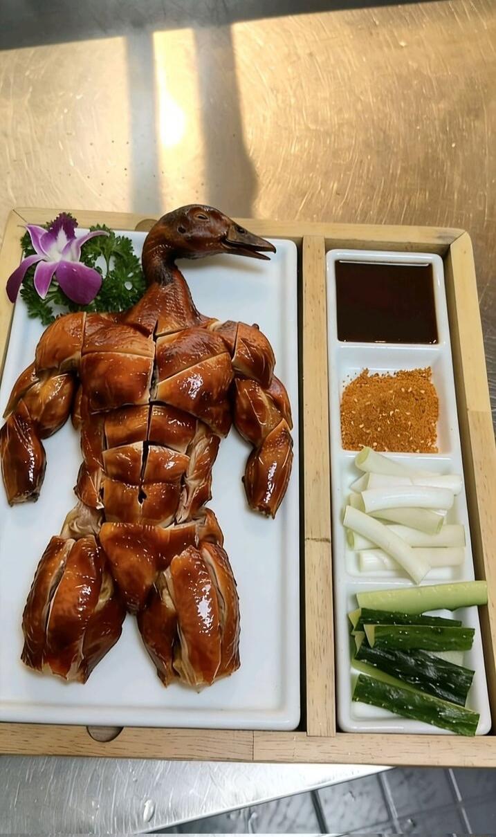 A decorative roasted duck carved into a humanoid figure on a white platter, accompanied by a side tray with dipping sauce, chili powder, and arranged vegetables (green onions or leeks and cucumber). An orchid flower garnish sits at the top-left.