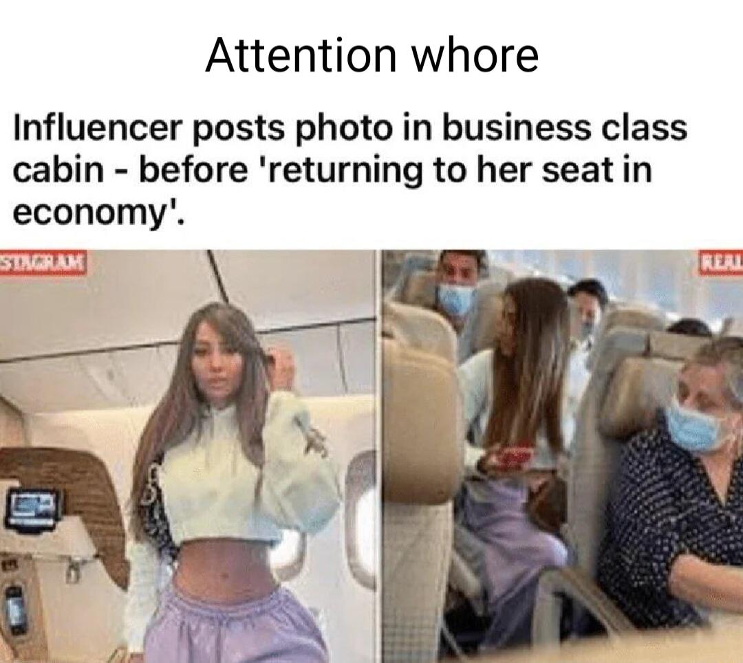 Attention whore Influencer posts photo in business class cabin before returning to her seat in economy