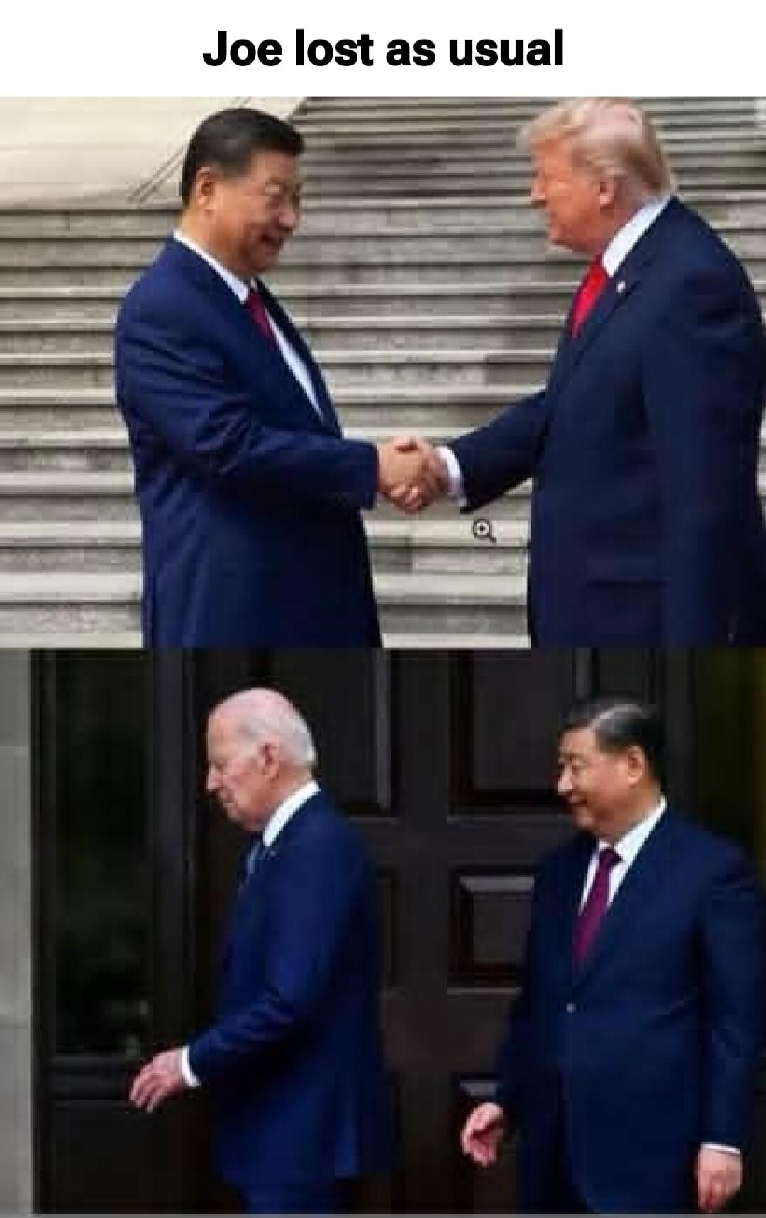Joe lost as usual. The top image shows Xi Jinping shaking hands with Donald Trump, both appearing cordial. The bottom image shows Joe Biden walking past Xi Jinping, who is smiling, while Biden looks away or down, implying a lack of engagement or a diplomatic snub.