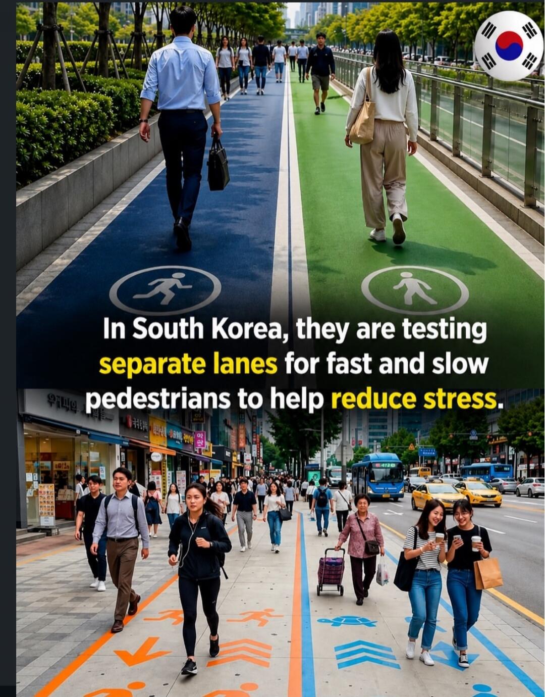 In South Korea, they are testing separate lanes for fast and slow pedestrians to help reduce stress.