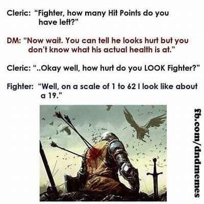 Cleric Fighter how many Hit Points do you have lefi DM Now wait You can tell he looks hurt but you dont know what his actual health is at Cleric Okay well how hurt do you LOOK Fighter Fighter Well on a scale of 1 fo 62 1 look like about als SIWIUWPUP 1I0qF