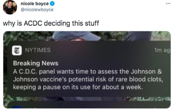 nicole boyce nicolewboyce hy is ACDC deciding this stuff Breaking News A CDC panel wants time to assess the Johnson Johnson vaccines potential risk of rare blood clots keeping a pause on its use for about a week