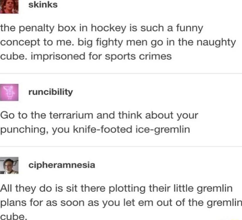skinks the penalty box in hockey is such a funny concept to me big fighty men go in the naughty cube imprisoned for sports crimes runcibility Go to the terrarium and think about your punching you knife footed ice gremlin cipheramnesia All they do is sit there plotting their little gremlin plans for as soon as you let em out of the gremlin cube