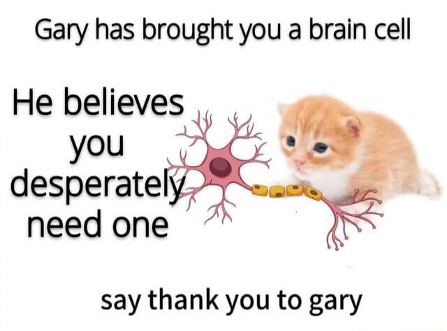 Gary has brought you a brain cell. He believes you desperately need one. Say thank you to Gary.