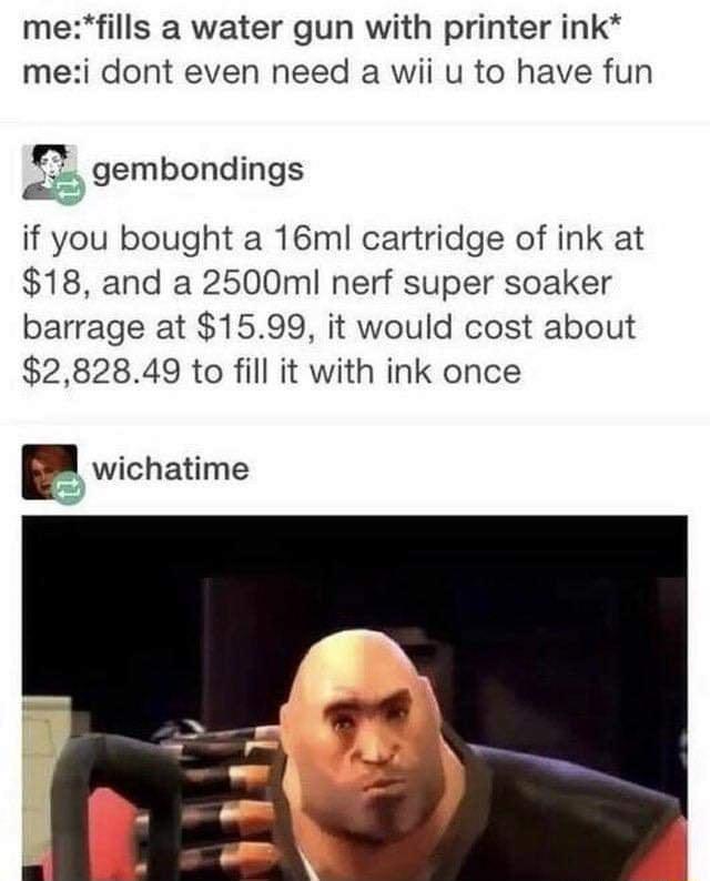 mefills a water gun with printer ink mei dont even need a wii u to have fun 5 gembondings if you bought a 16ml cartridge of ink at 18 and a 2500ml nerf super soaker barrage at 1599 it would cost about 282849 to fill it with ink once m wichatime