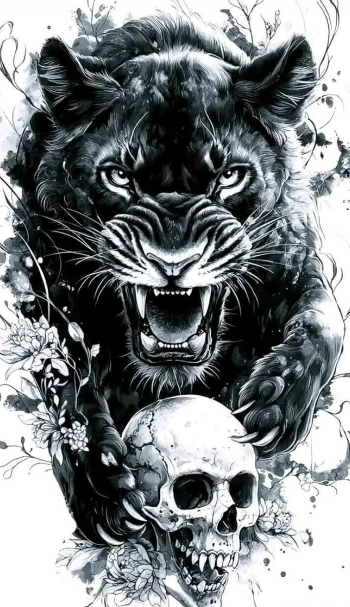 A dark panther snarling and leaping above a human skull, surrounded by floral and ink-splatter details.
