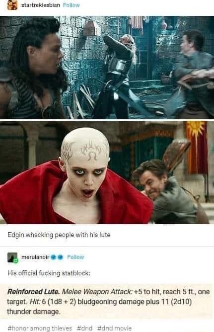 startreklesbian Reinforced Lute Melee Weapon Attack5 1o hi reach 5 ft one target Hit6 1d8 2 bludgeoning damage plus 11 2410 thunder damage