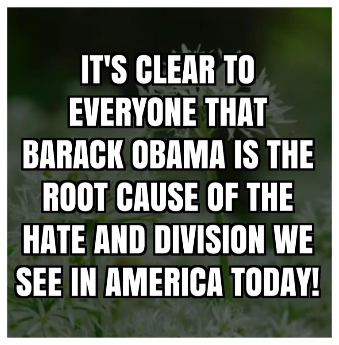 IT'S CLEAR TO EVERYONE THAT BARACK OBAMA IS THE ROOT CAUSE OF THE HATE AND DIVISION WE SEE IN AMERICA TODAY!