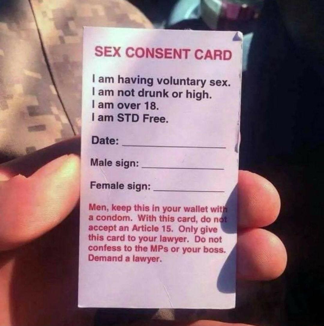 I am having voluntary sex I am not drunk or high I am over 18 I am STD Free Date Male sign Female sign _
