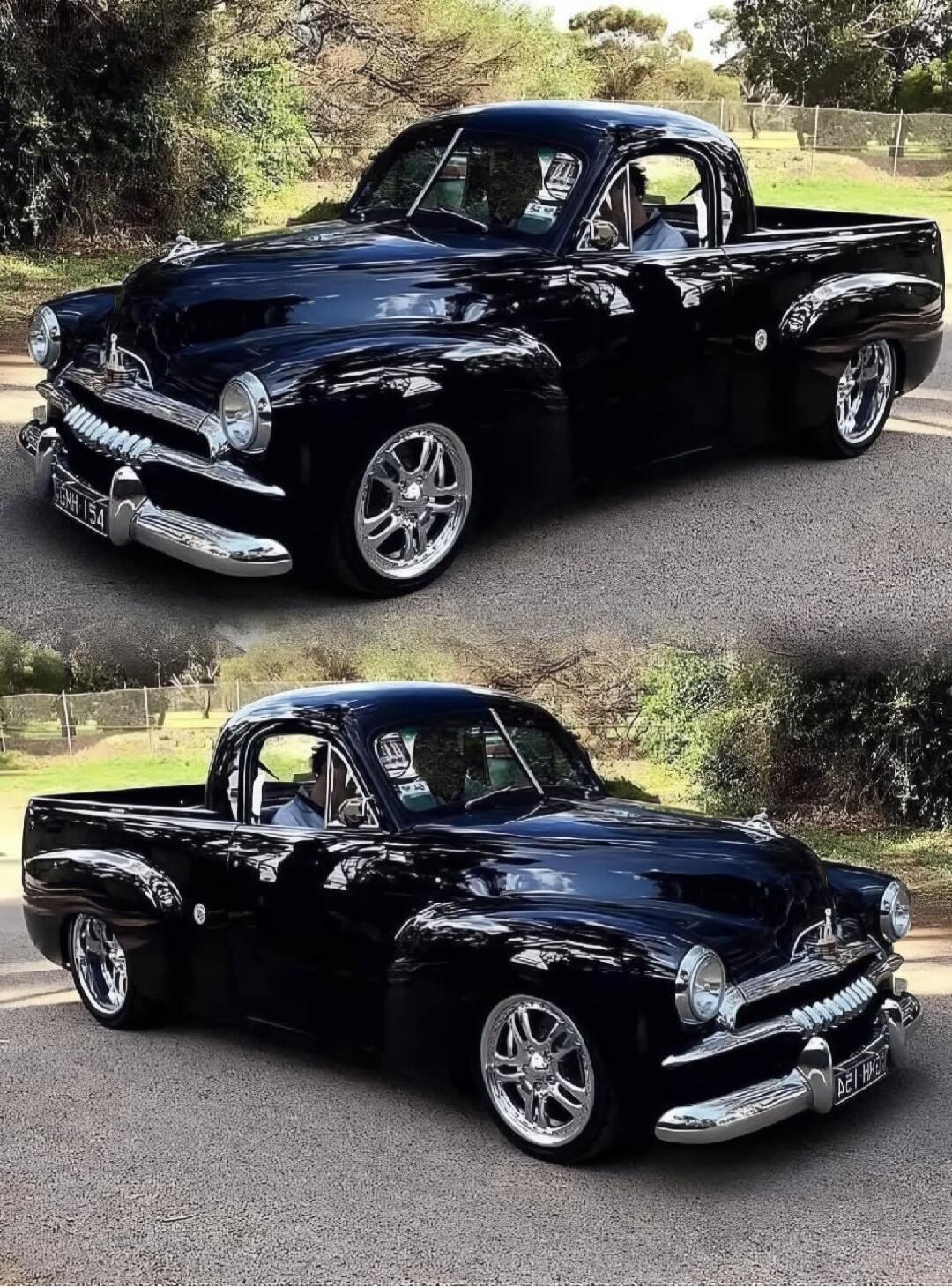 Two images of a black classic Holden Ute with custom chrome wheels, parked on an asphalt road. The license plates visible are 'SNH 154' and 'AE1 HM8'.