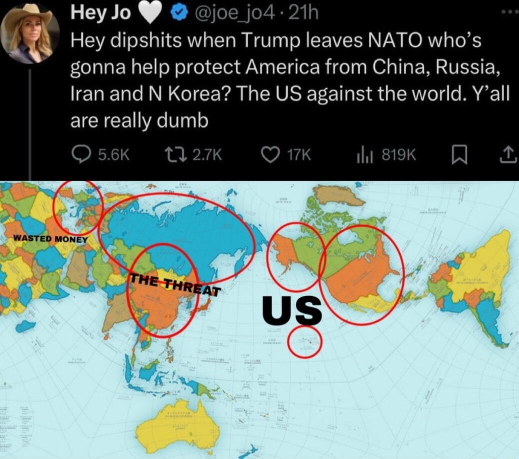 LE2L c 4 21 Hey dipshits when Trump leaves NATO whos gonna help protect America from China Russia Iran and N Korea The US against the world Yall are really dumb