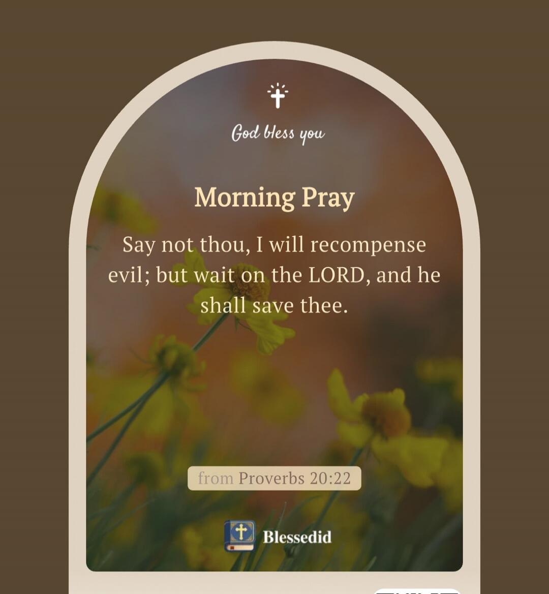 God bless you. Morning Pray. Say not thou, I will recompense evil; but wait on the LORD, and he shall save thee. from Proverbs 20:22. Blessedid.